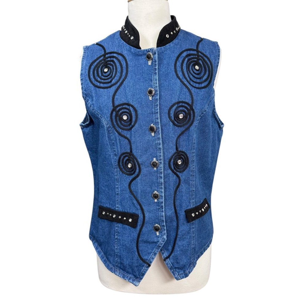 Vintage Green Field USA Denim Vest Western Embroidered Concho Stud Detail XL